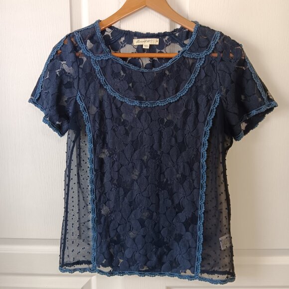 Comme Toi Women's Navy Blue Floral Lace Mesh Sheer Short Sleeve Blouse Size M - Picture 13 of 13